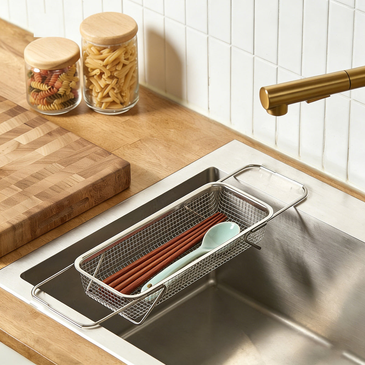 Vegetable Strainer Drainage Basket Stainless Steel Expandable Over Sink Colander