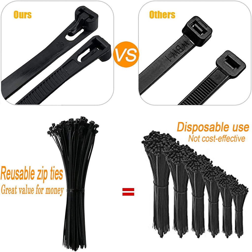 120PCS Black Reusable Cable Ties Nylon Zip Tie Ratchet Wire Wraps 20cm