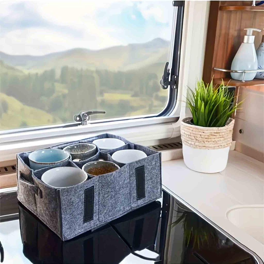 Caravan Glass and Cup Holder Storage Bag – Felt Tableware Organizer for Motorhome, Boat and Camping Use