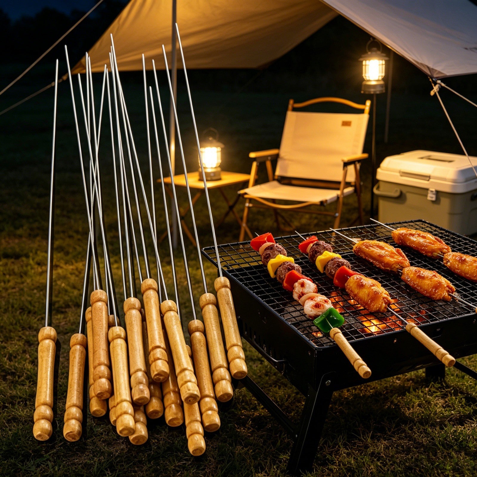 120pcs Stainless Steel BBQ Skewers 31cm | Flat Metal Kebab Sticks with Wooden Handle
