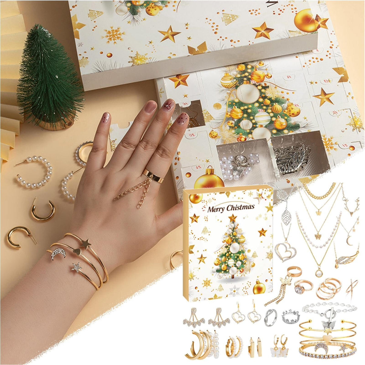 Woman wearing rings and bracelets beside the gold Christmas tree jewellery advent calendar