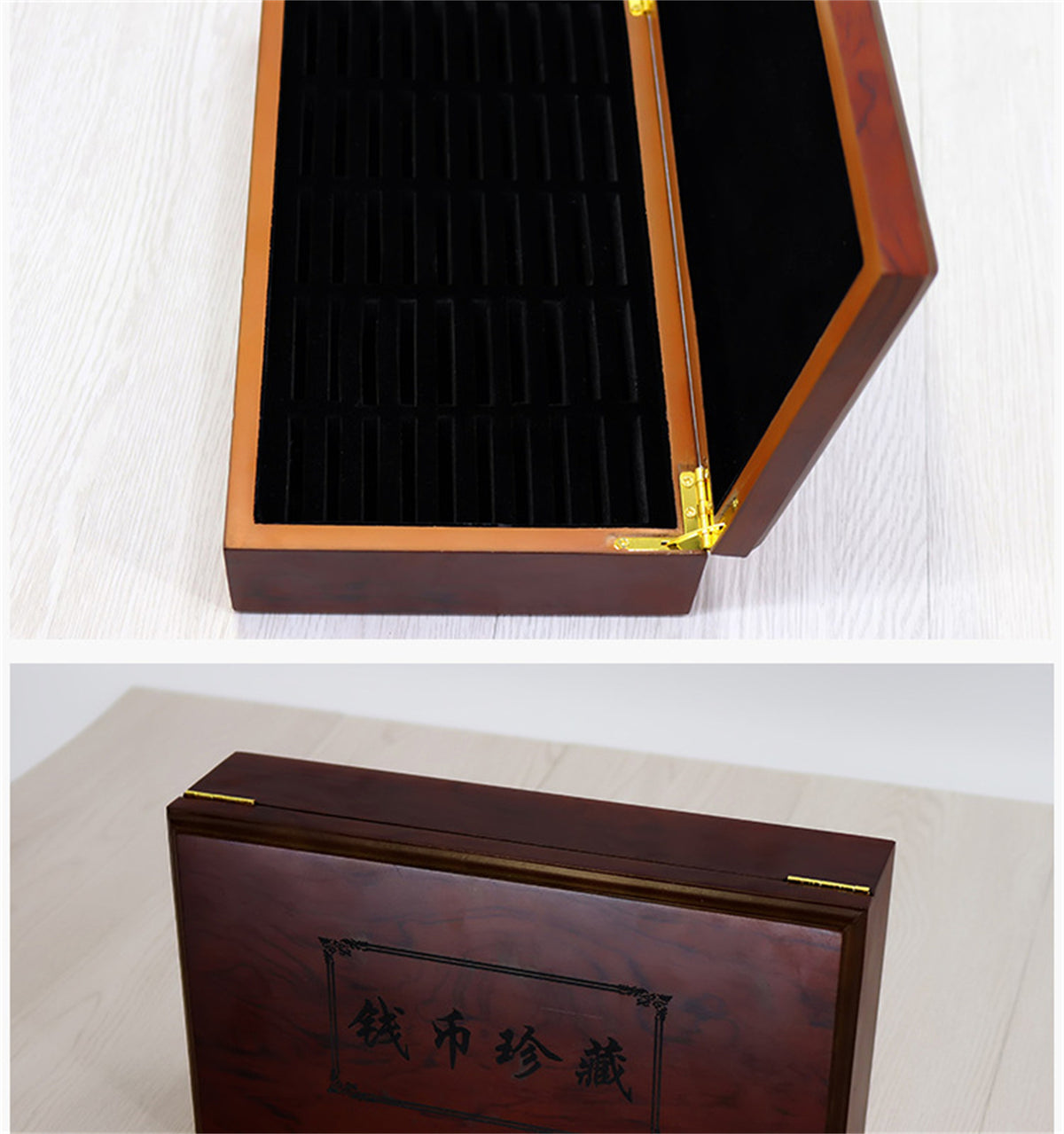 Coin box hinges and lid