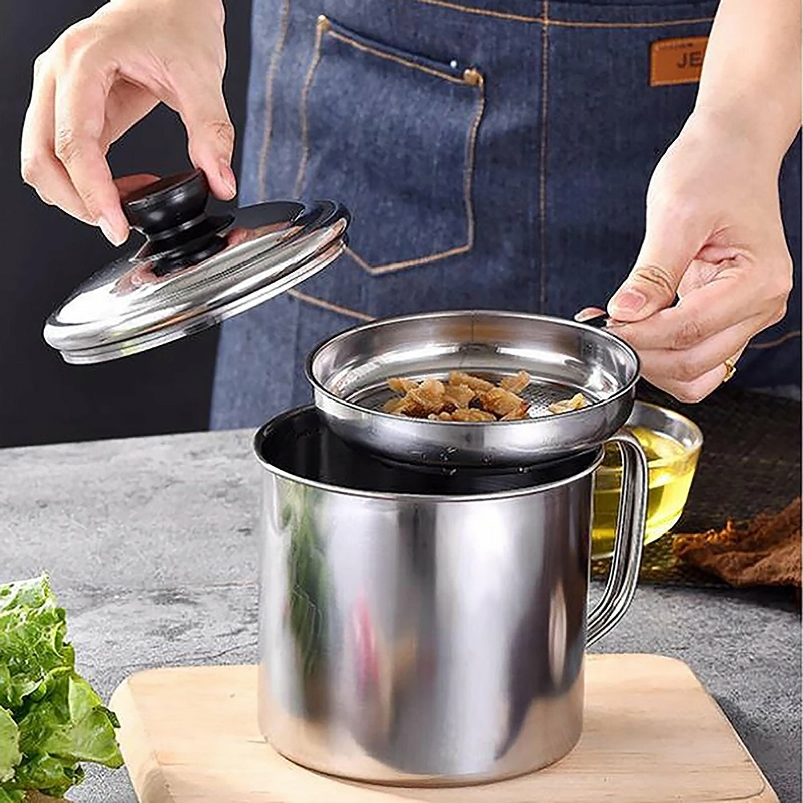 2PCS 1.8L Stainless Steel Oil Filter Pot Grease Strainer Oil Storage Container