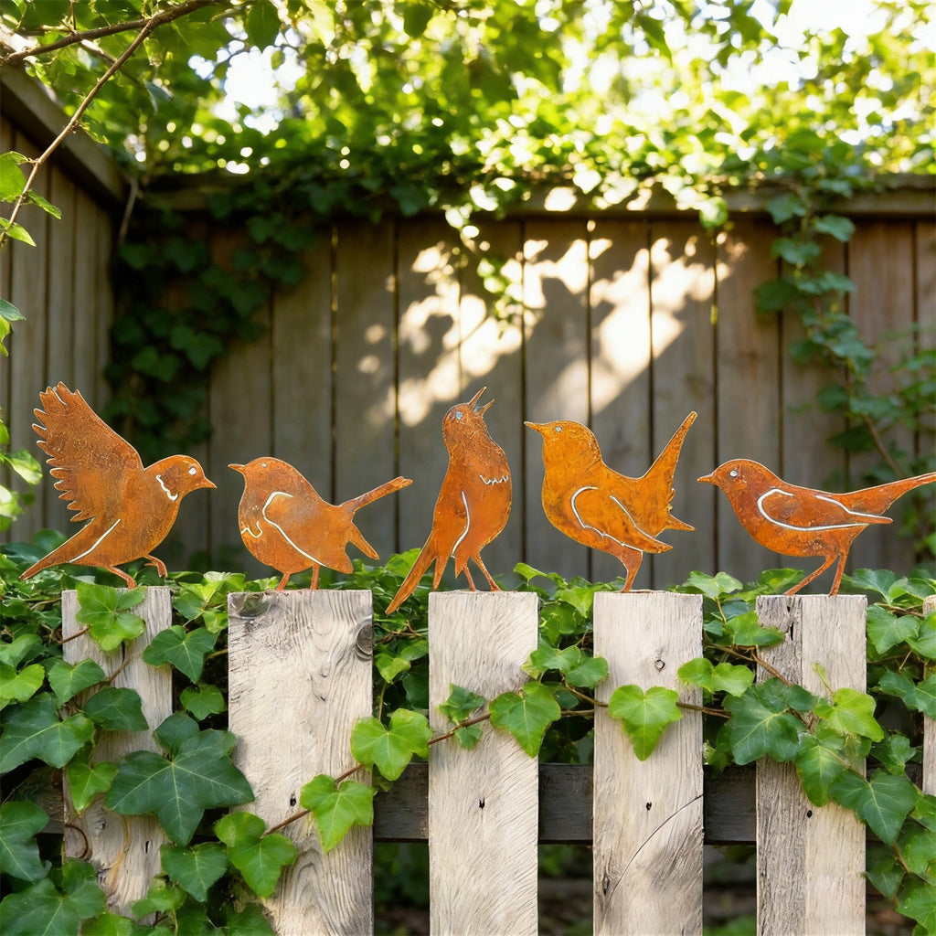 5pcs Rusty Bird Silhouette Garden Decor | Metal Bird Ornaments with Rustic Patina