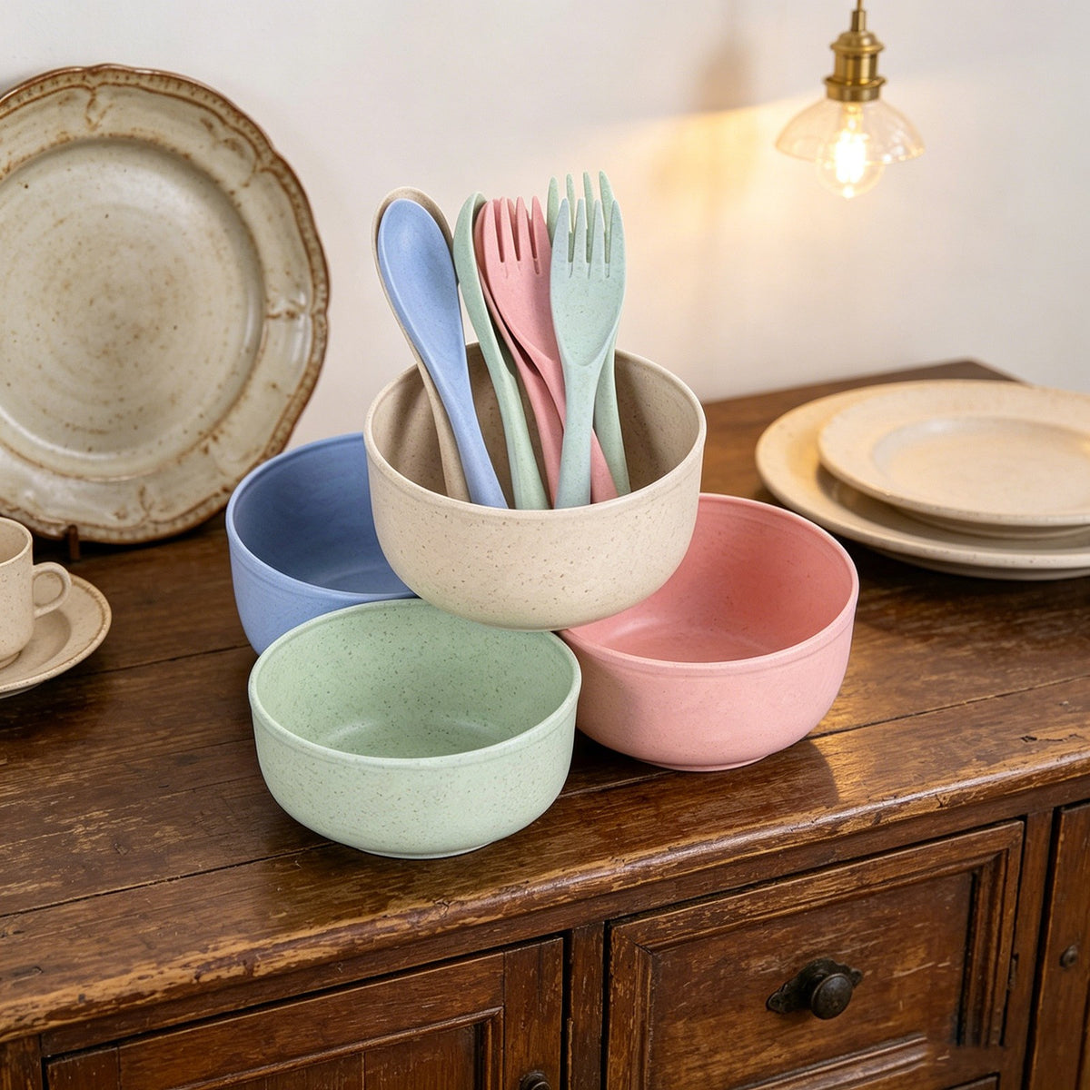 Wheat Straw Dinnerware Set, Kitchen Bowl, Fork and Spoon, Kitchen Dinnerware Set