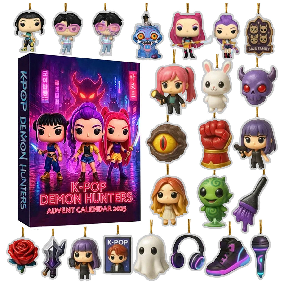 Purple box K-pop advent calendar with 24 ornaments and charms on a white background