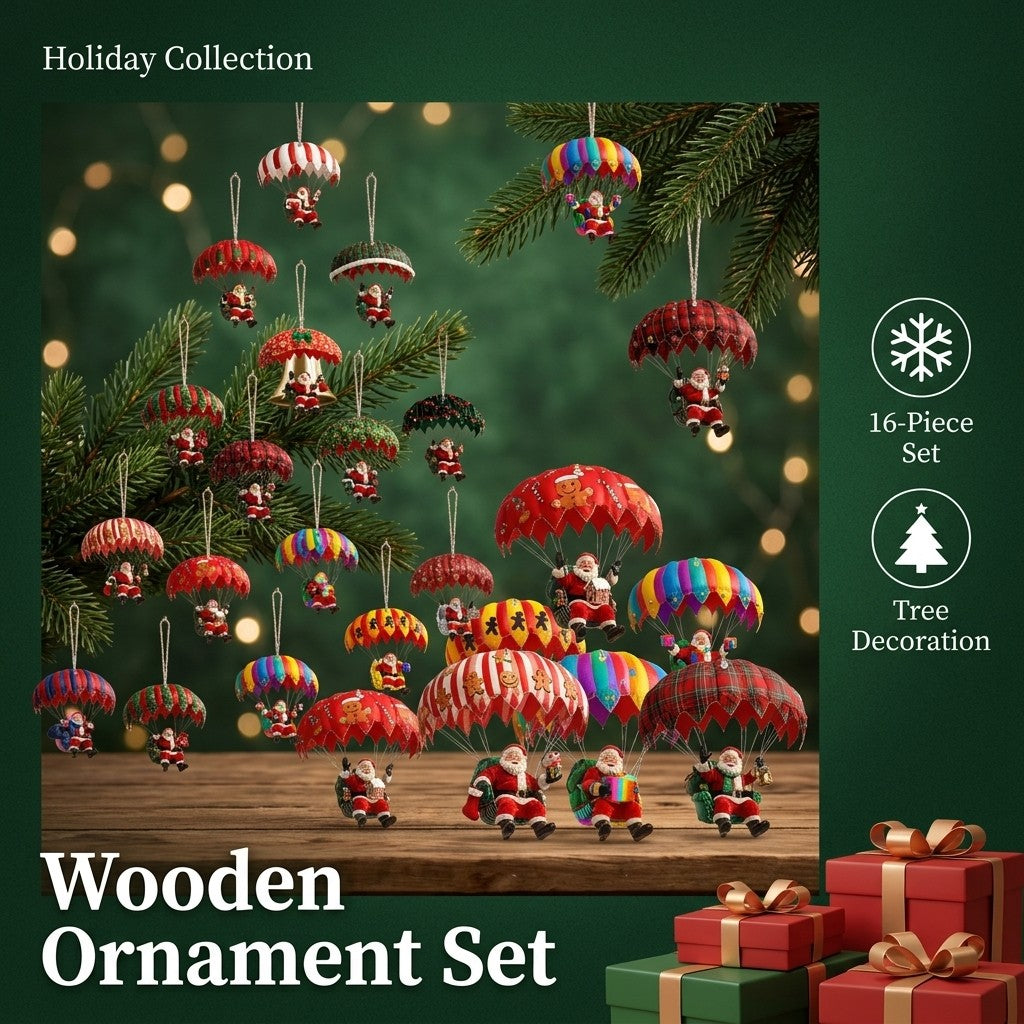 Holiday collection wooden parachute ornaments hanging in a festive room