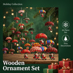 Holiday collection wooden parachute ornaments hanging in a festive room