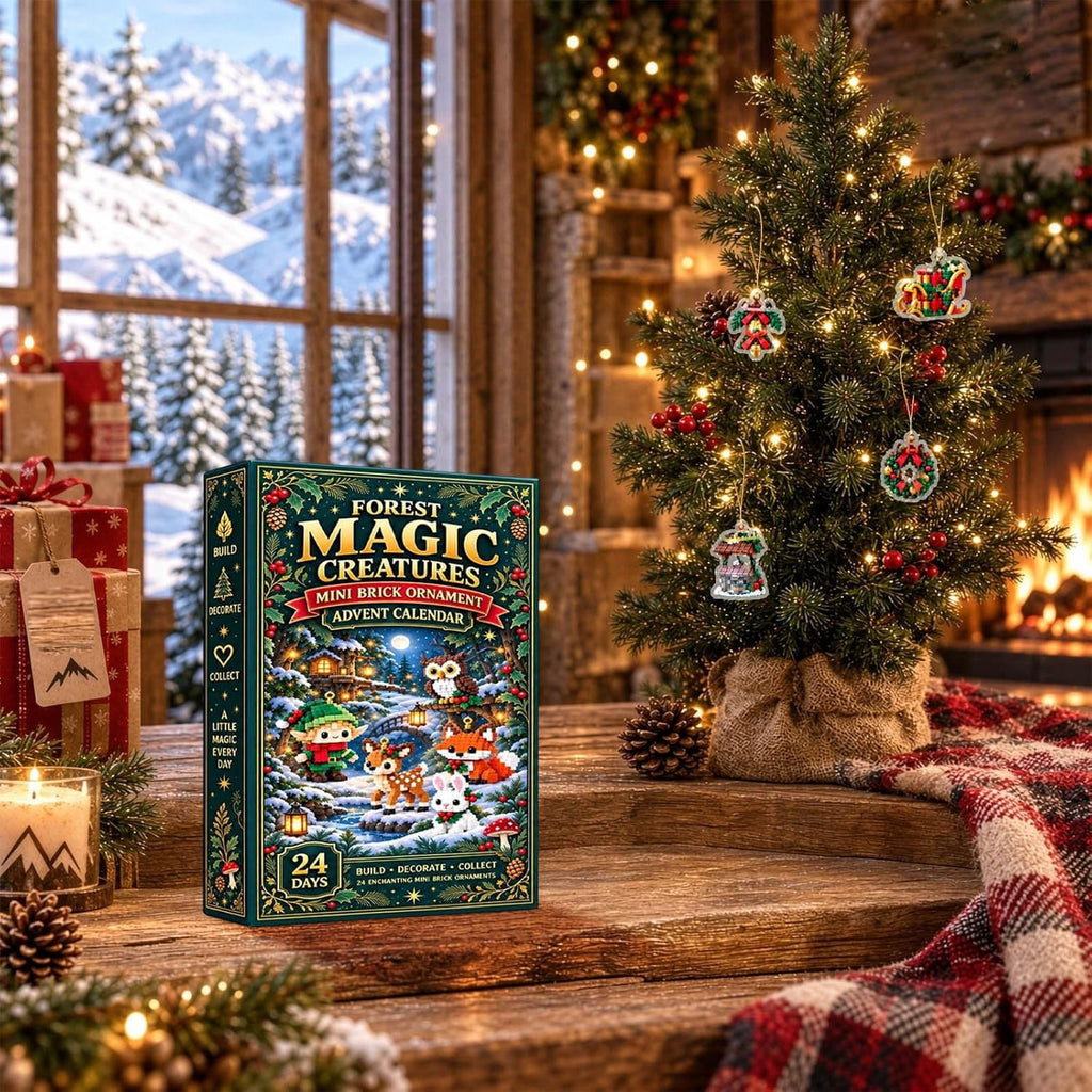 Ornament advent calendar 2026 box beside a small Christmas tree with brick ornaments