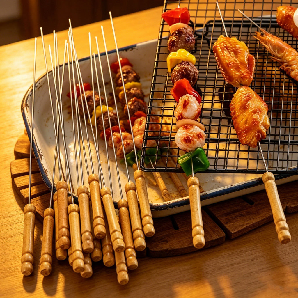120pcs Stainless Steel BBQ Skewers 31cm | Flat Metal Kebab Sticks with Wooden Handle