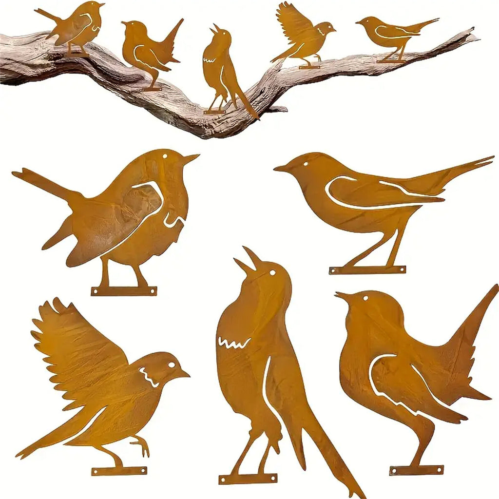 5pcs Rusty Bird Silhouette Garden Decor | Metal Bird Ornaments with Rustic Patina