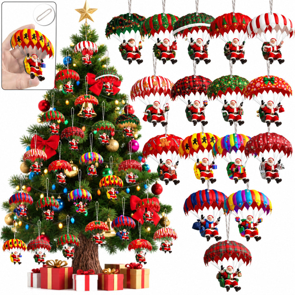 Group of wooden Santa parachute hanging ornaments shown over a Christmas tree