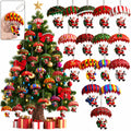 Group of wooden Santa parachute hanging ornaments shown over a Christmas tree
