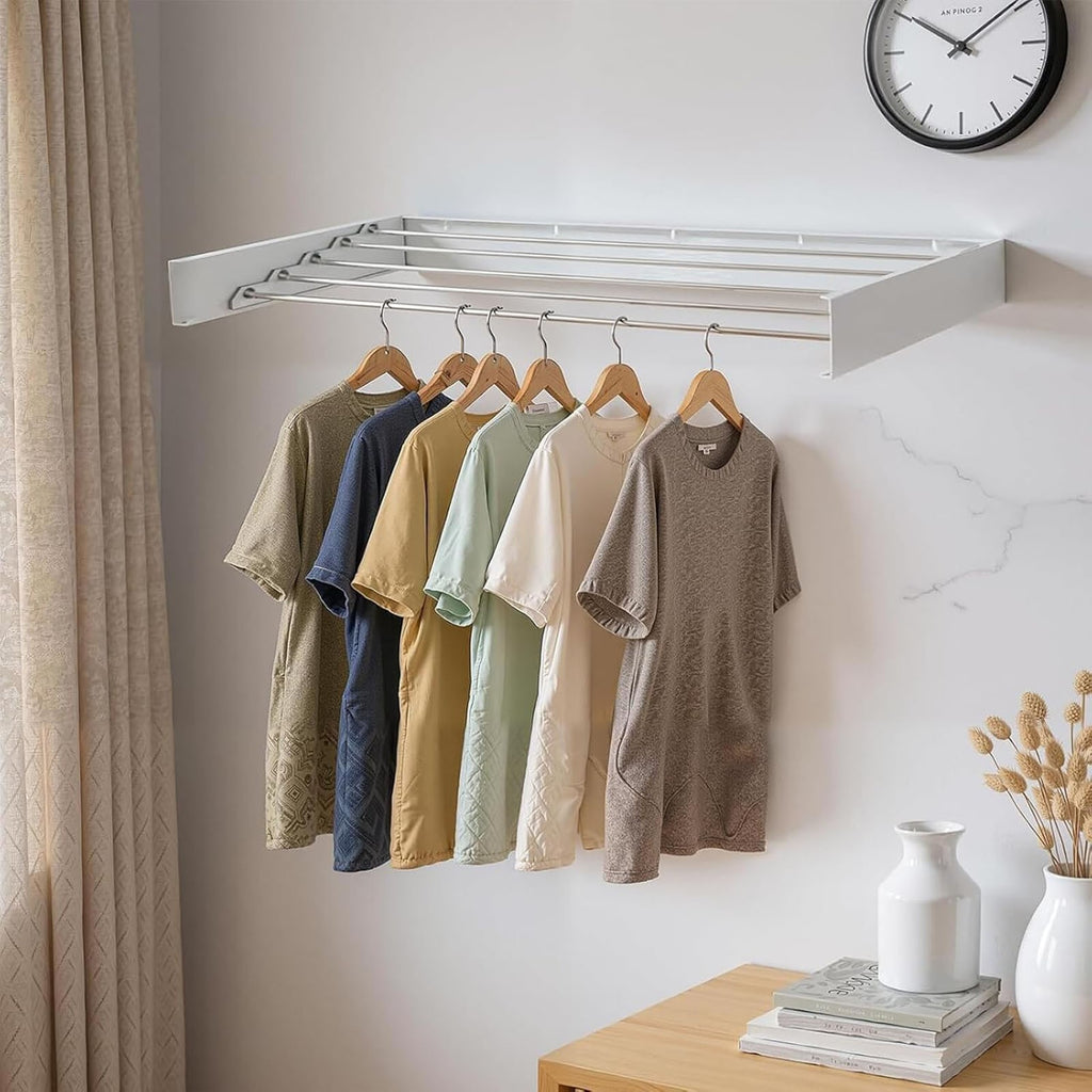 80CM Foldable Wall Mounted Clothes Drying Rack - Metal Towel and Laundry Holder White