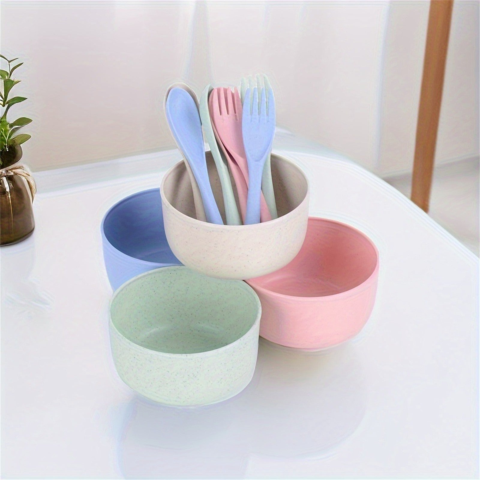 24PCS Wheat Straw Tableware Set Reusable Bowls Forks Spoons Eco Friendly Dining