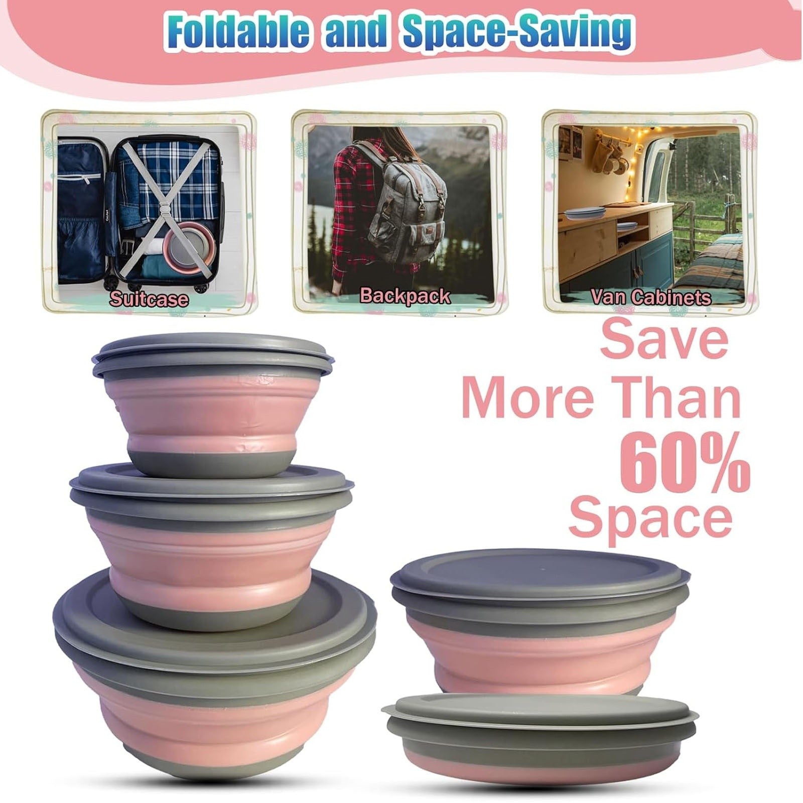 3PCS Collapsible Camping Bowl with Lid Foldable PP TPR Travel Soup Ramen Bowl
