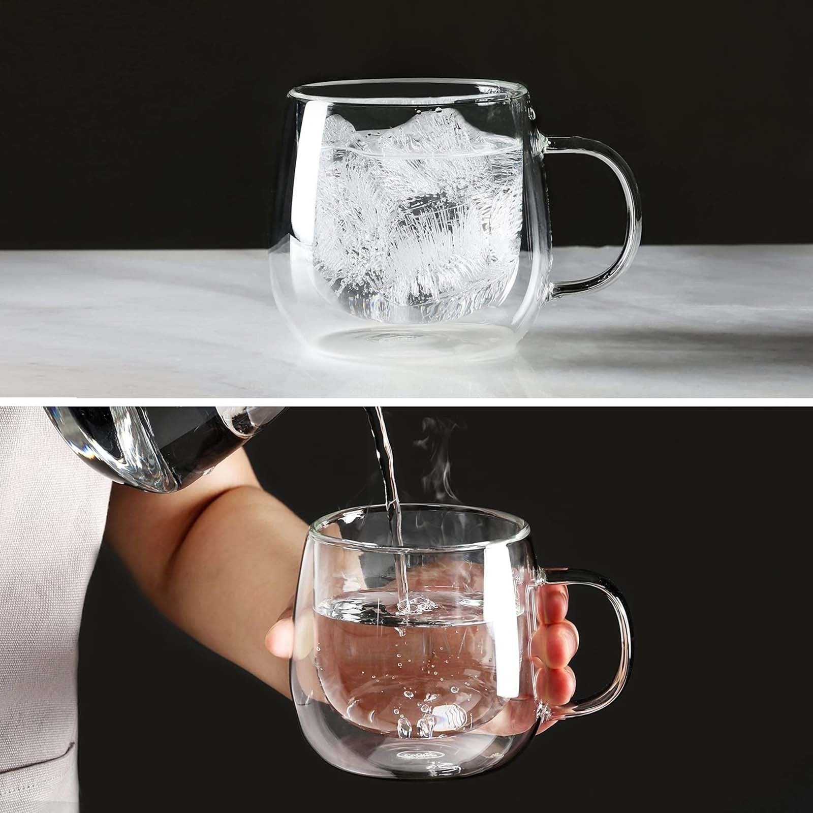 4PCS Double Wall Glass Coffee Tea Cups 300ml Heat Resistant with Stainless Steel Spoons