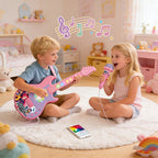 Boy playing the toy guitar while a girl sings into the karaoke microphone