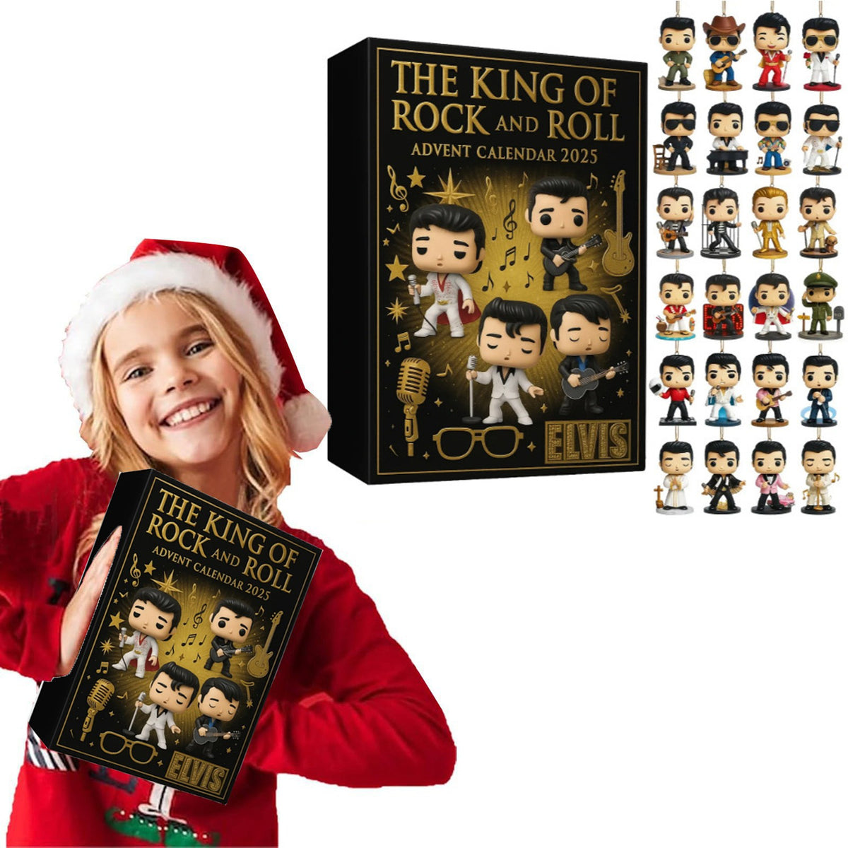 Smiling girl with the gold box rock music advent calendar
