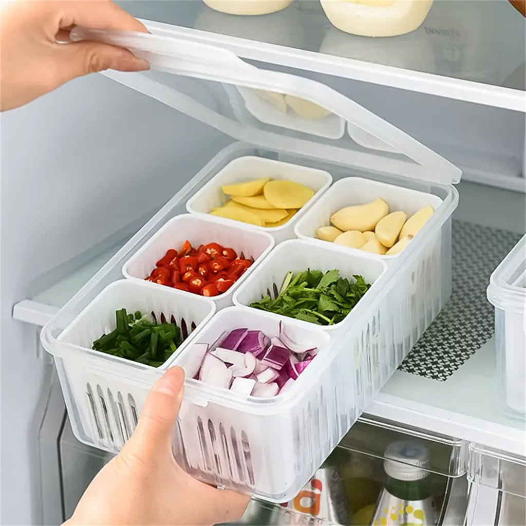 2pcs Fridge Storage Organizer Boxes | 6 Grid Vegetable Onion Meat Drain Containers