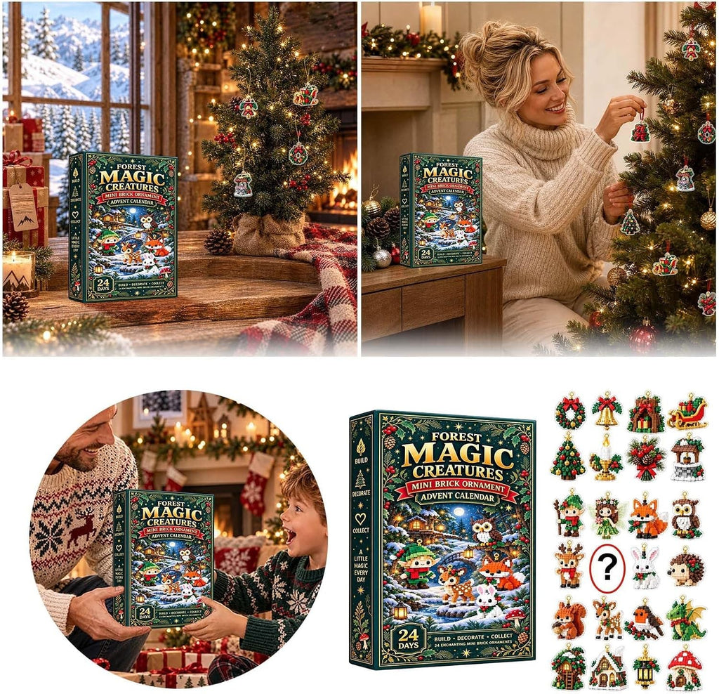 Forest Magic Creatures ornament advent calendar with a tree, a woman hanging ornaments and the 24 builds