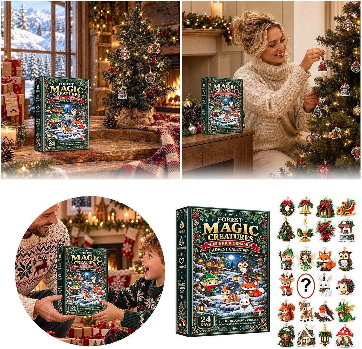Forest Magic Creatures ornament advent calendar with a tree, a woman hanging ornaments and the 24 builds