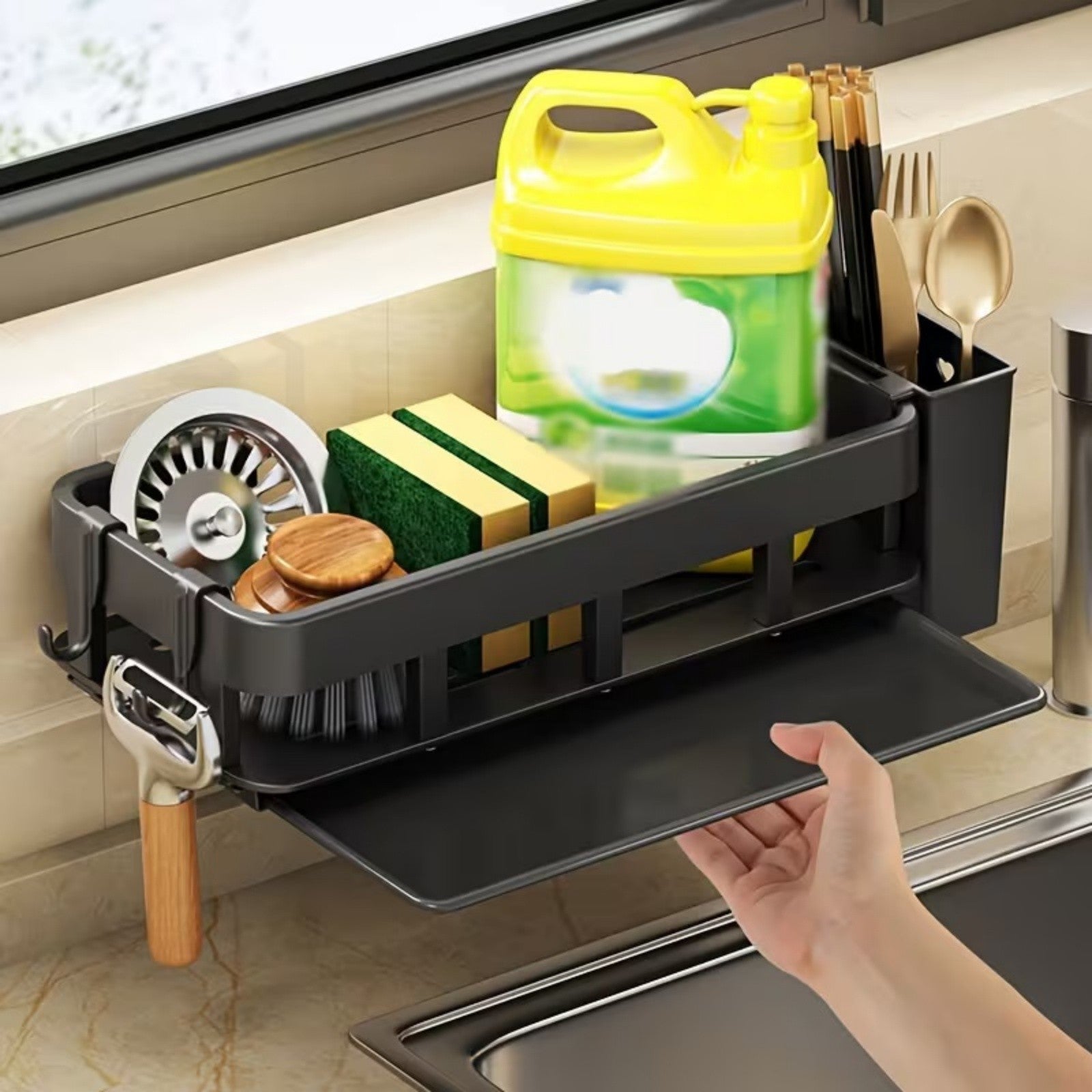 Kitchen Sink Caddy Organizer with Sponge Soap Brush Holder – Countertop Storage Rack with Hooks