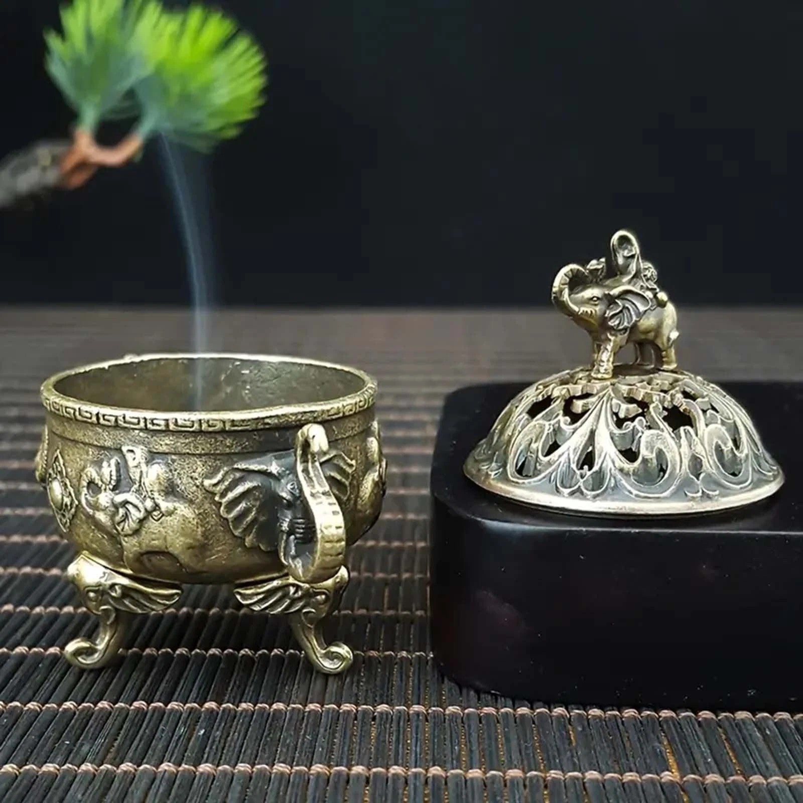 2PCS Elephant Lotus Incense Burner Metal Incense Holder Bowl Aromatherapy Decor