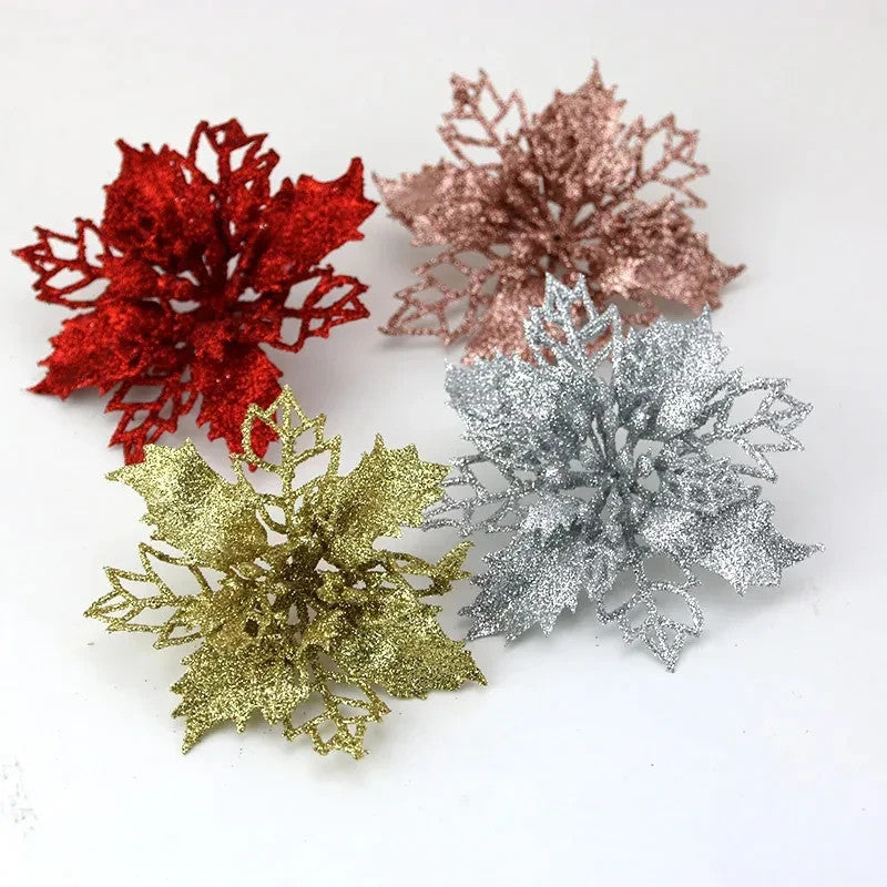 10pcs Christmas Poinsettia Glitter Flowers – Xmas Tree Hanging Decorations