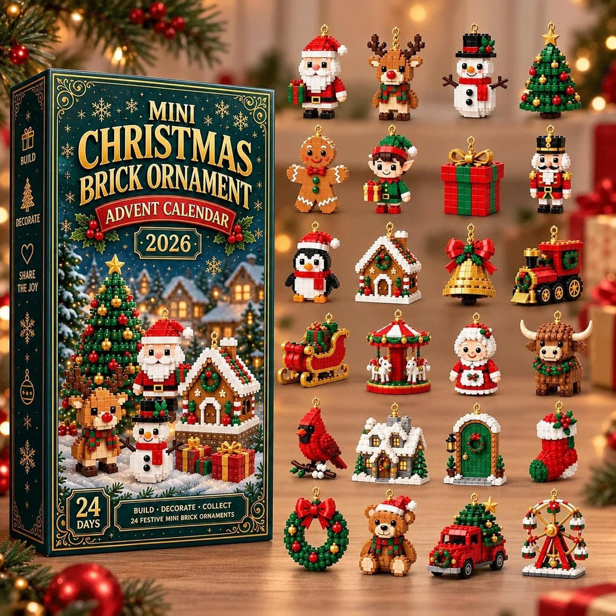 Mini Christmas Brick Ornament Advent Calendar 24 Day Unique Buildable Holiday OD