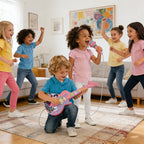 Kids dancing and singing with the toy guitar and microphone