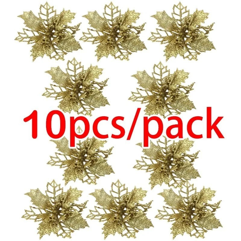 10pcs Christmas Poinsettia Glitter Flowers – Xmas Tree Hanging Decorations