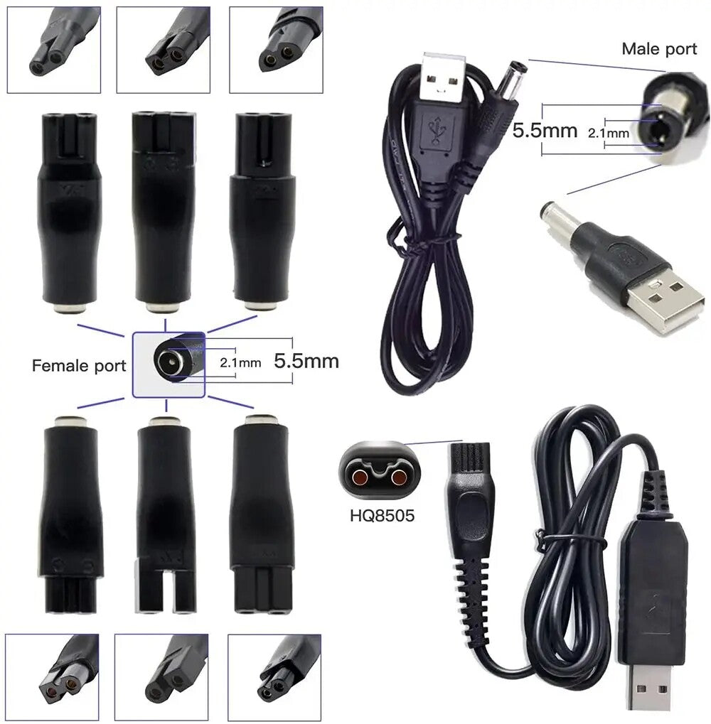 Universal Hair Clipper Charger Cable – Razor Power Cord with 6 Charging Heads & 2 Adapters
