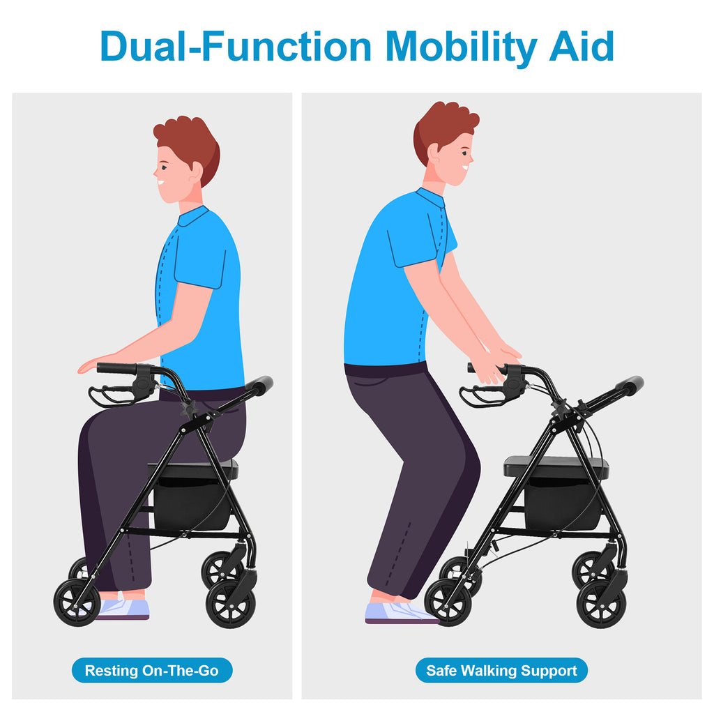 4-Wheel Rollator Walker Folding Mobility Aid with Seat Brakes & Storage Bag for Seniors