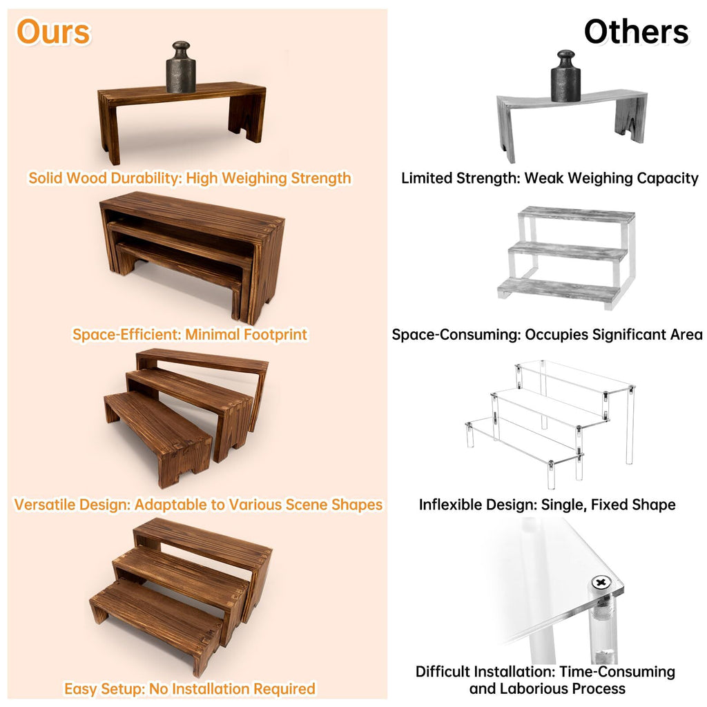 6pcs 3 Tier Wooden Display Risers Set | Rectangular Cupcake Dessert & Retail Display Stands