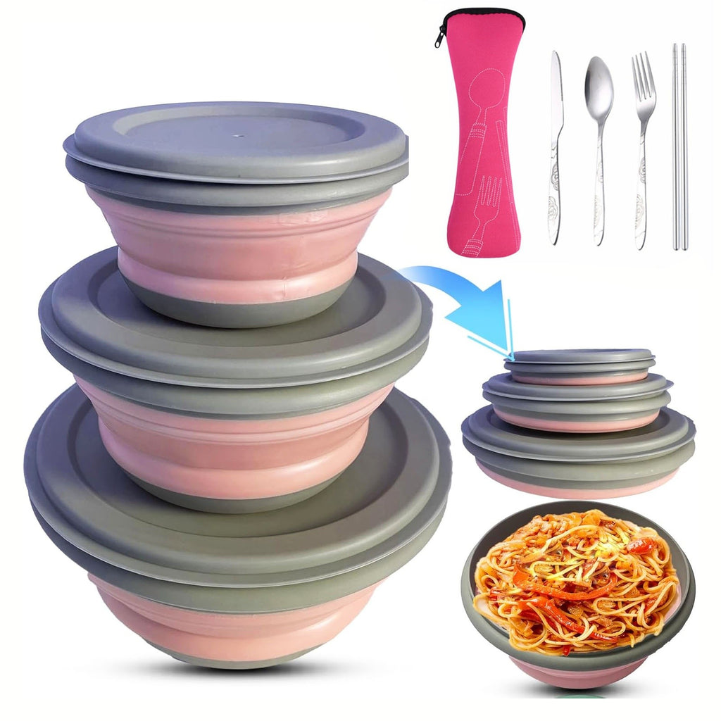 3PCS Collapsible Camping Bowl with Lid Foldable PP TPR Travel Soup Ramen Bowl