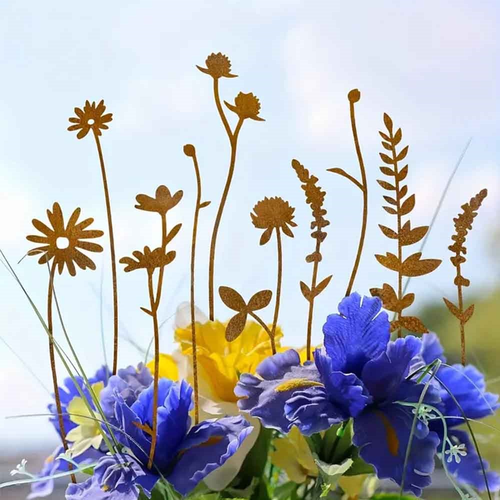 10PCS Metal Wildflower Art Silhouette Garden Stakes - Rustic Flower Garden Decor