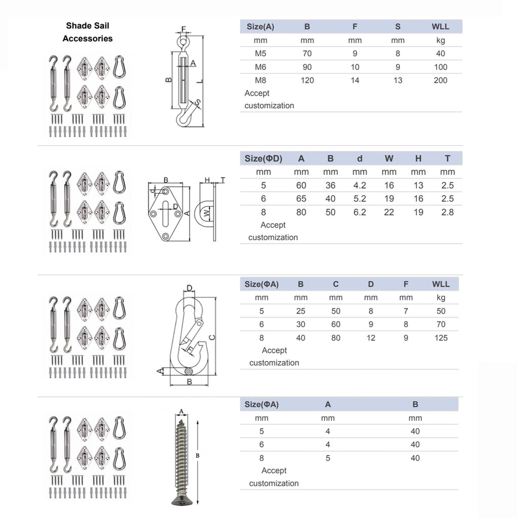 40pcs Stainless Steel Sun Shade Sail Hardware Kit | Wall Mount Fixing Accessories Set