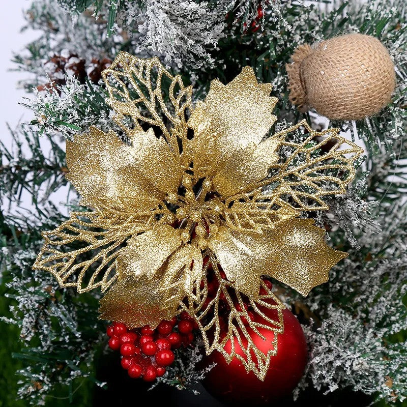 10pcs Christmas Poinsettia Glitter Flowers – Xmas Tree Hanging Decorations
