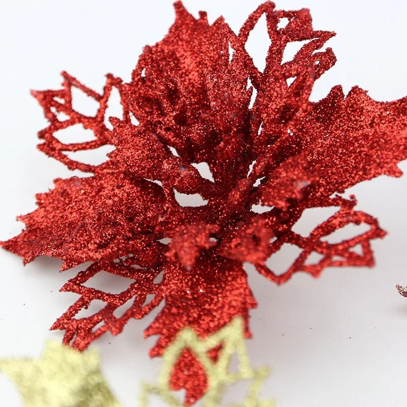 10pcs Christmas Poinsettia Glitter Flowers – Xmas Tree Hanging Decorations