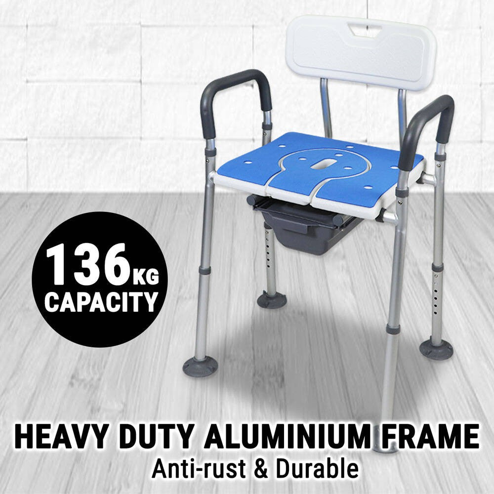 5-in-1 Adjustable Commode Shower Chair with Arms & Back | Raised Toilet Seat & Bedside Mobility Aid for Elderly