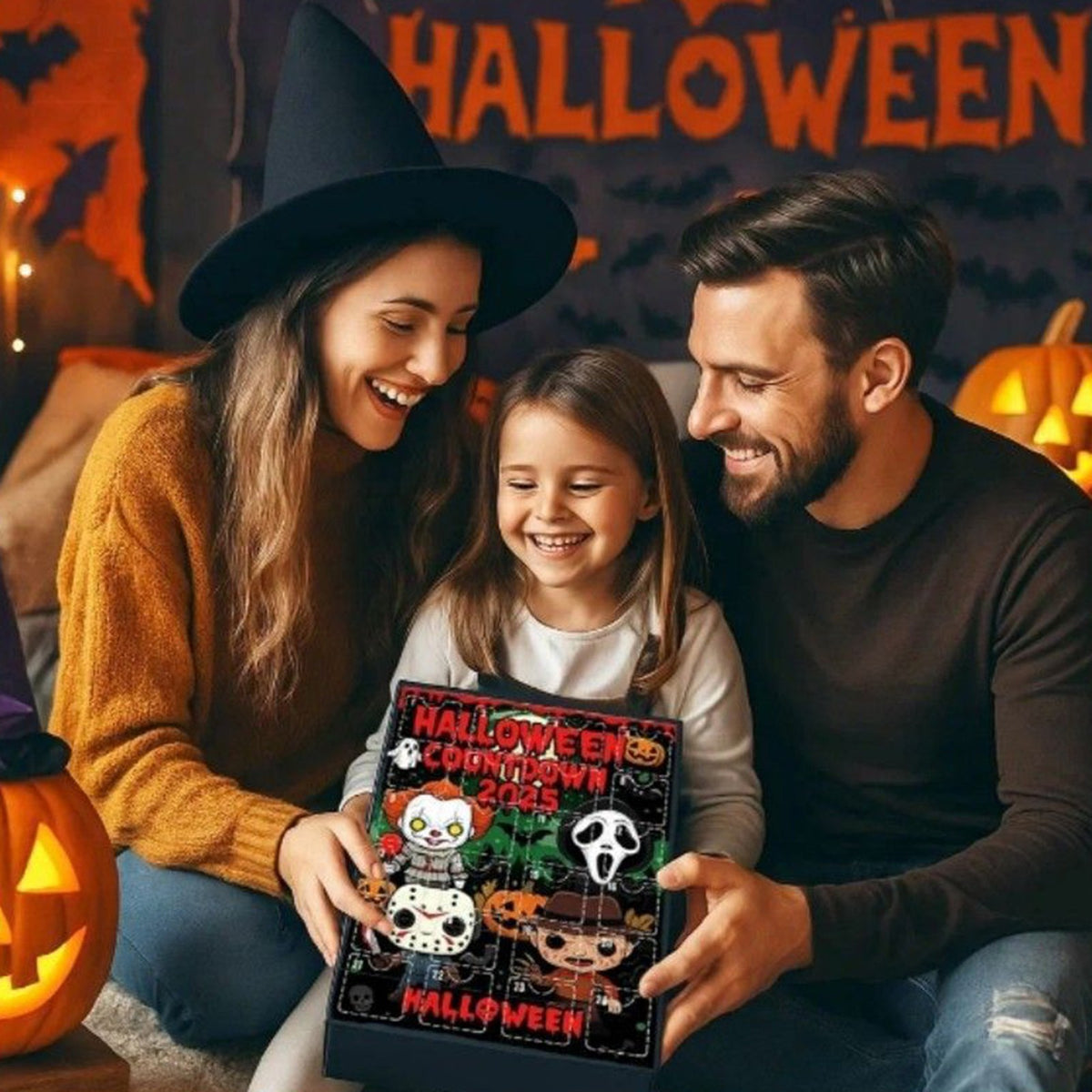 Family opening a Halloween advent calendar together