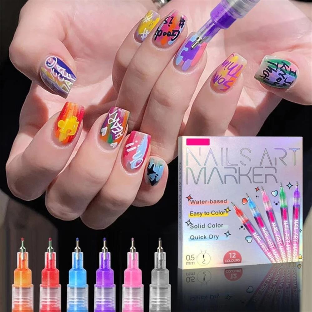 36pcs Nail Art Marker Pens Set | 12 Colors Fine Tip Nail Design Pens for DIY & Salon