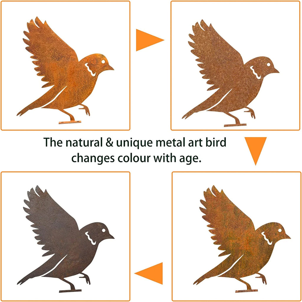 5pcs Rusty Bird Silhouette Garden Decor | Metal Bird Ornaments with Rustic Patina