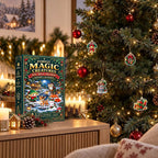 Building block advent calendar on a mantel next to a decorated Christmas tree