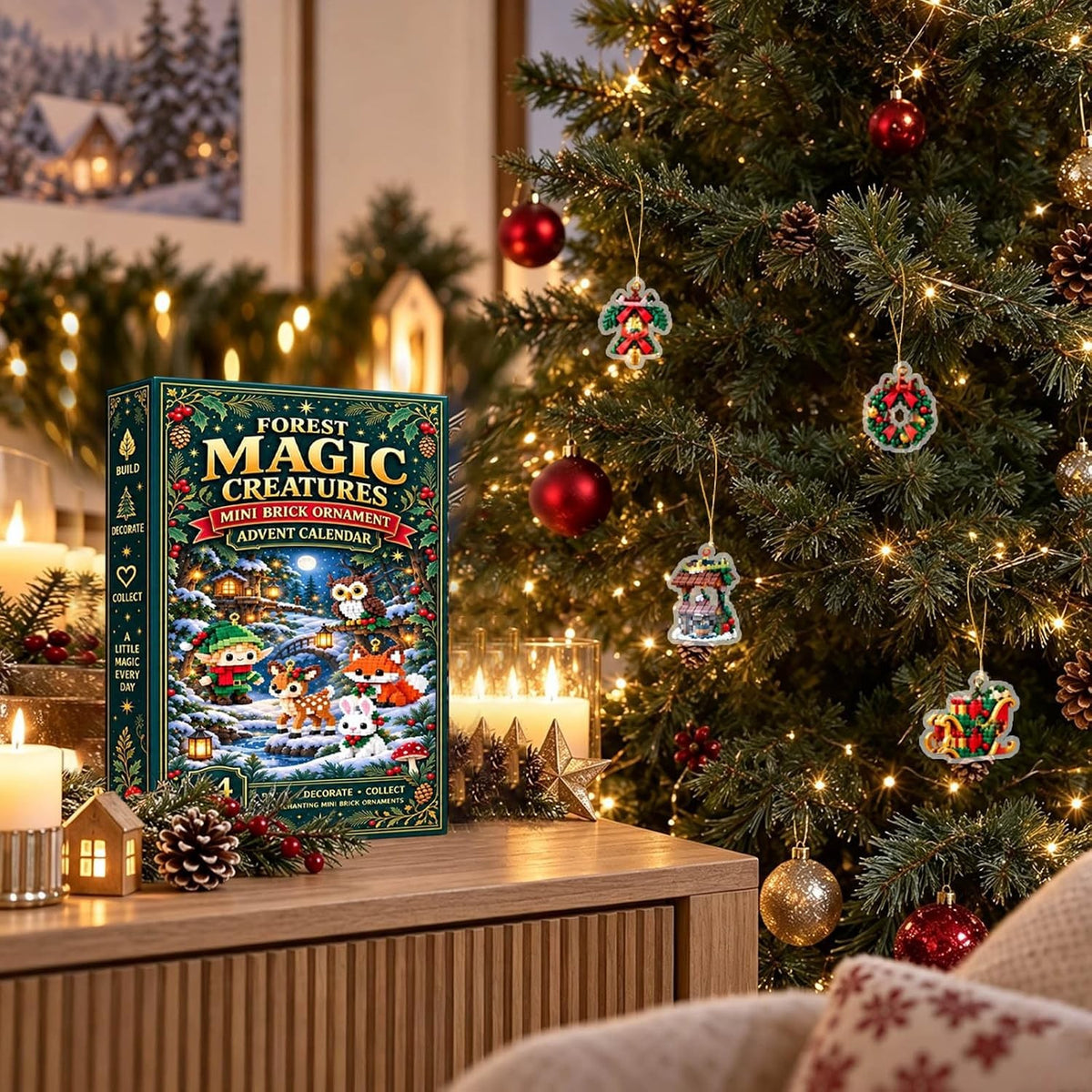 Building block advent calendar on a mantel next to a decorated Christmas tree
