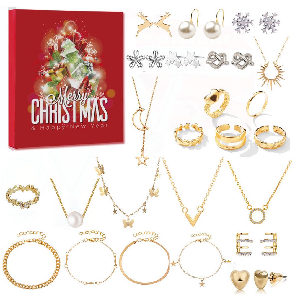 Red Christmas tree jewellery advent calendar with gold-tone rings, earrings and necklaces