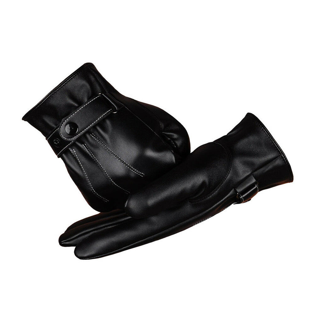 2 Pairs Mens PU Leather Touch Screen Gloves Black Full Finger Winter Gloves