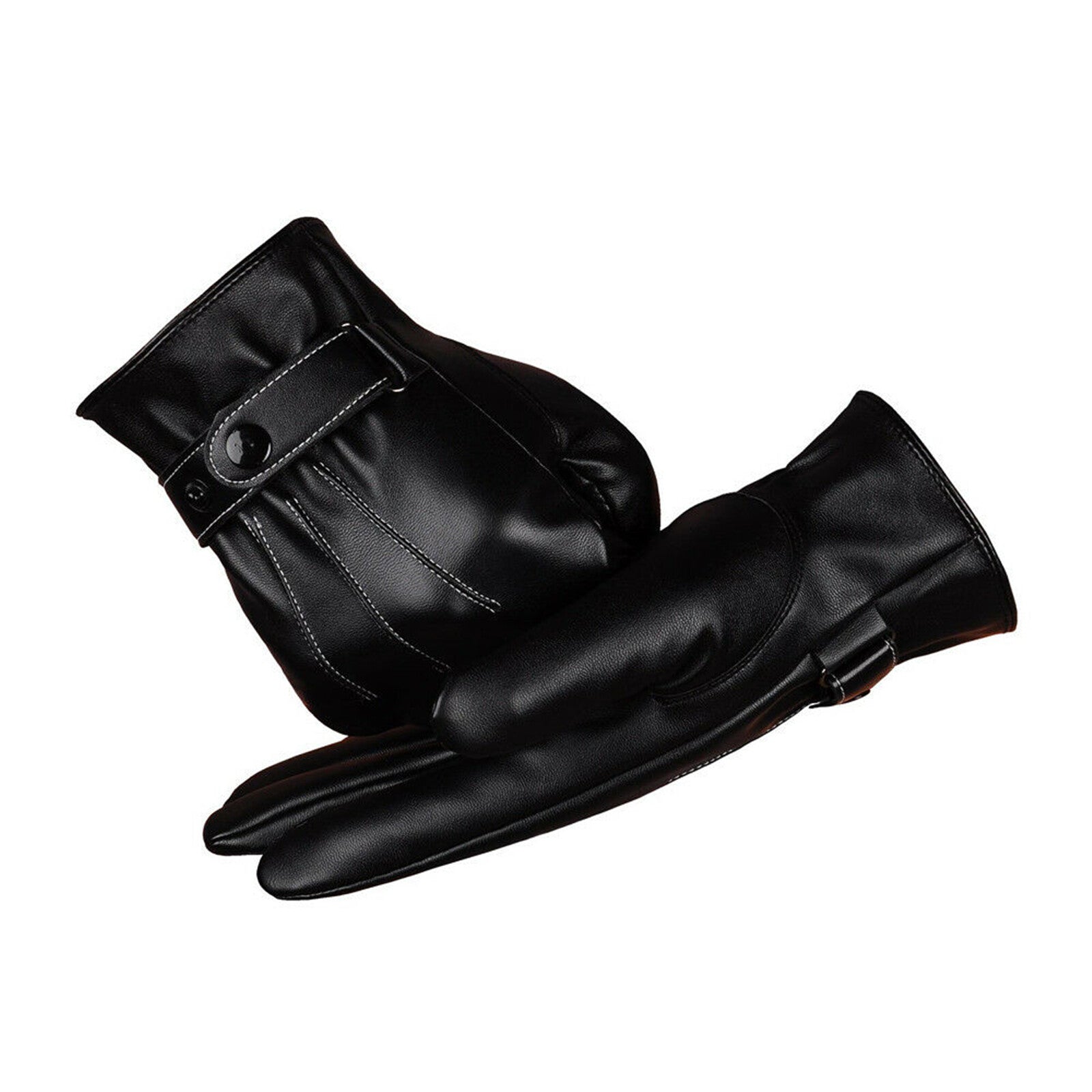 2 Pairs Mens PU Leather Touch Screen Gloves Black Full Finger Winter Gloves