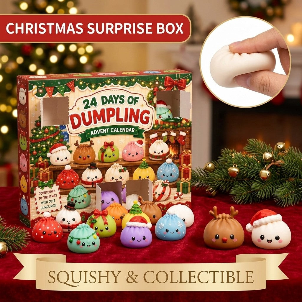 Christmas surprise box dumpling squishies beside a Christmas tree